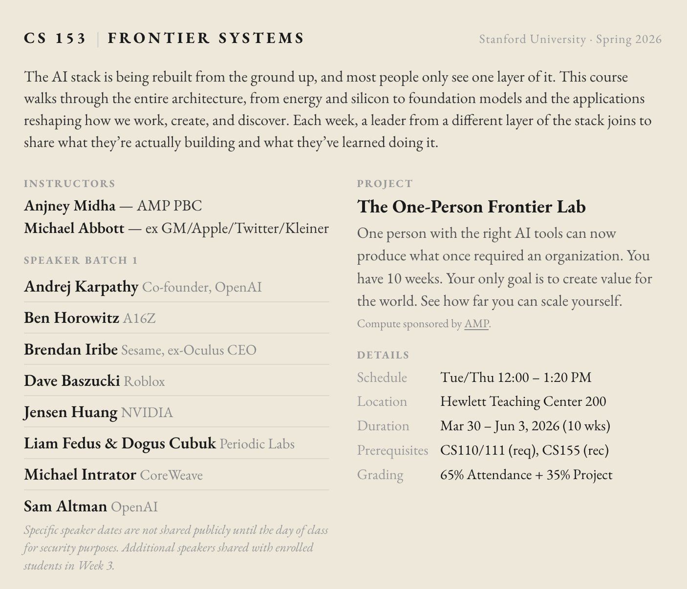 Stanford CS153 Frontier Systems course syllabus showing the One-Person Frontier Lab project with speakers including Andrej Karpathy, Ben Horowitz, and Jensen Huang
