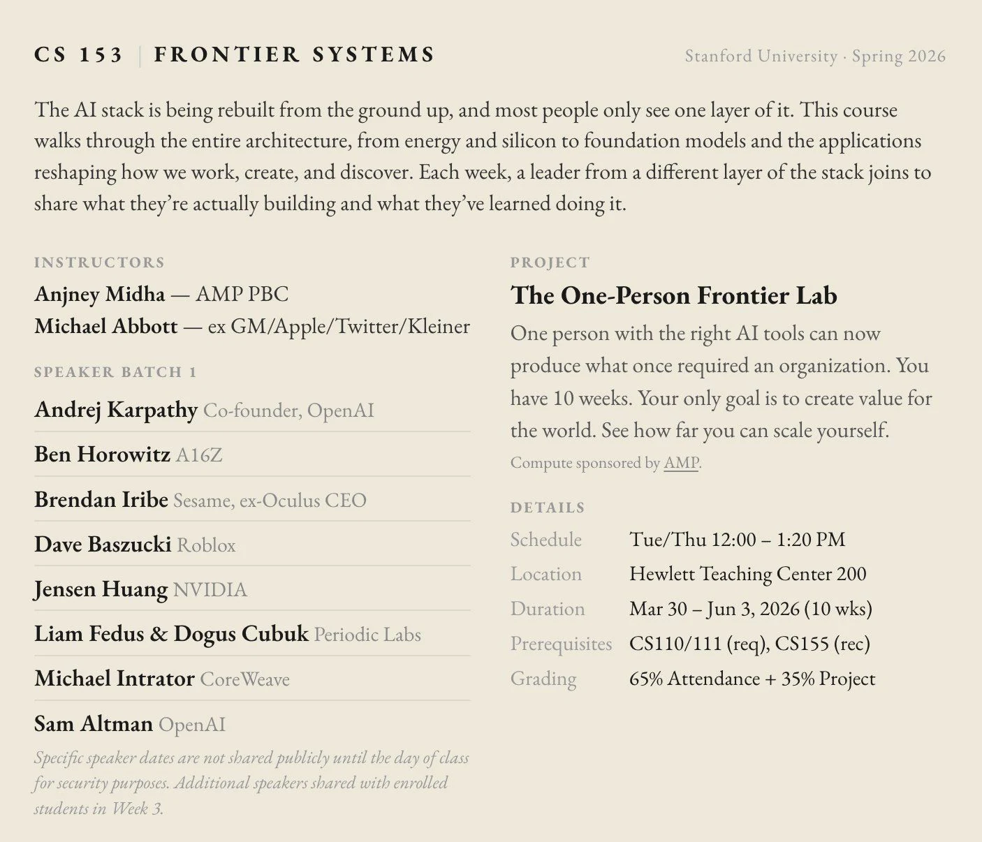 Stanford CS153 Frontier Systems course syllabus showing the One-Person Frontier Lab project with speakers including Andrej Karpathy, Ben Horowitz, and Jensen Huang