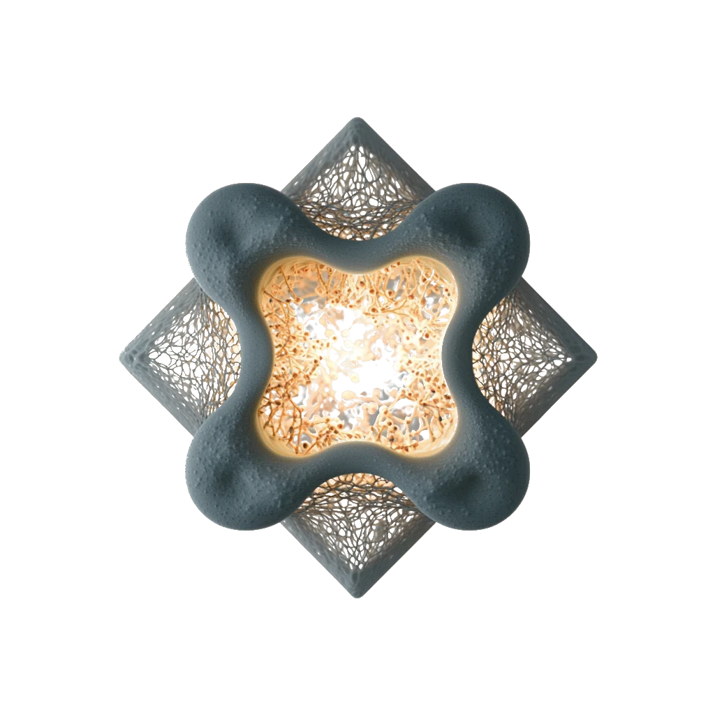Salt & Silicon neural tesseract, organic geometry with golden light