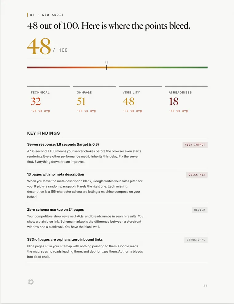 Sample audit score page showing a 48 out of 100 score and key findings